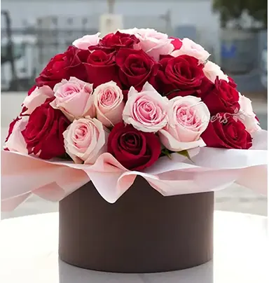 20 Red & 20 Pink Roses in Elegant Round Box