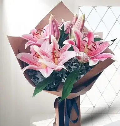 Fresh Pink Lilies Bouquet - 5 Stems of Pure E...