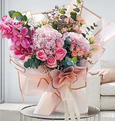Bouquet of Mix Flowers - Pink Roses, Hydrange...
