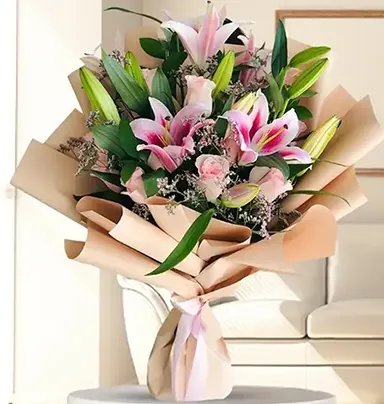 Bouquet of Pink Lilies & Roses in Brown Wrapp...