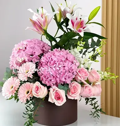 Pink Floral Box with Hydrangeas, Roses, Lilie...