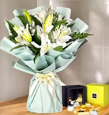 White Lily Bouquet with 250g Patchi Chocolate...