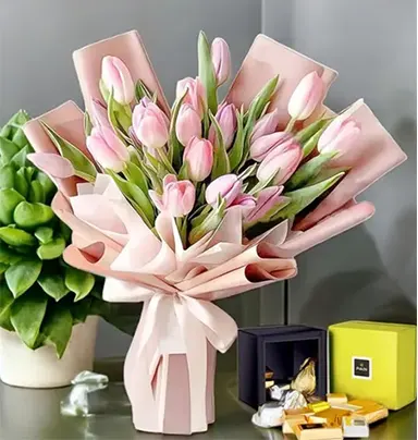 Pink Tulip Bouquet with 250g Patchi Chocolate...