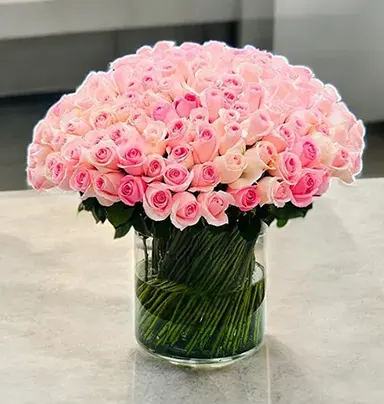 100 Pink Roses in Glass Vase