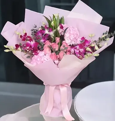 Pink & Purple Delight Bouquet - Hydrangeas, O...