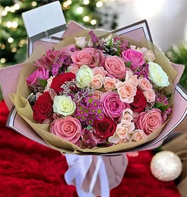 Vibrant Mixed Roses Bouquet - 6 Pink, 10 Whit...