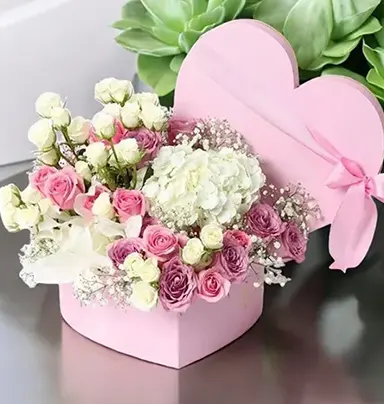 Mixed Flower Heart Box - White Hydrangea, Ros...